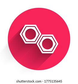 White Hexagonal metal nut icon isolated with long shadow. Red circle button. Vector Illustration