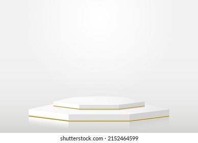 White hexagonal podium. Minimal scene white with gold.