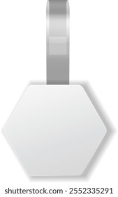 White hexagonal wobblers hanging on gray ribbons are advertising and promoting products in supermarket, creating visual appeal and attracting customers