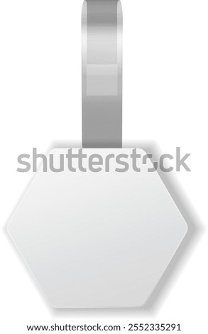 White hexagonal wobblers hanging on gray ribbons are advertising and promoting products in supermarket, creating visual appeal and attracting customers