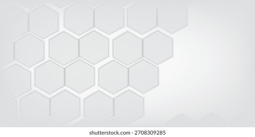 Weiße Sechsecke mit zufälliger Größe auf weißem Hintergrund. Ein Platz für Text auf der linken Seite. Abstrakte 3D-Render Illustration geometrischen Konzept Hintergrund. 3D-Illustration