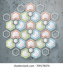 White hexagos with shadows on the concrete background. Eps 10 vector file.