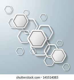 White hexagos with shadows on the grey background. Eps 10 vector file.