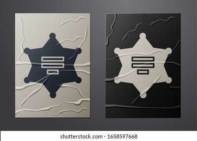 White Hexagram sheriff icon isolated on crumpled paper background. Police badge icon. Paper art style. Vector Illustration