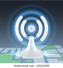 White hi tech glossy plastic wifi hot spot shining icon over block map