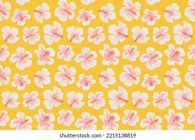 White hibiscus flower buds on a yellow background. Simple seamless vector pattern design for wallpaper, stationery and textile design.
