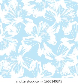 White hibiscus flower on blue background. Seamless pattern.