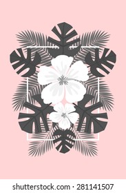 White hibiscus flowers and gray palm leaves exotic summer composition on a pastel pink background. Modern poster, card, flyer, t-shirt, apparel design.