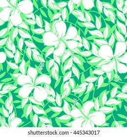 White hibiscus flowers and leaf seamless pattern .