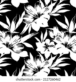 white hibiscus flowers on black background. stylized floral pattern for fashion, interior and web design  