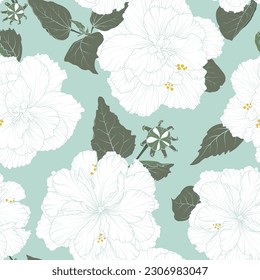 White hibiscus flowers on blue background. Spring flowers floral  seamless pattern.  Vector vintage illustration for wrapping, fabric, fashion, paper, textile.