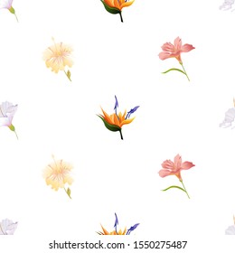 White Hibiscus. Orange Strelitzia. Yellow hibiscus. Pink Amaryllis. Vector illustration. Seamless background pattern. Floral botanical flower. Wild leaf wildflower isolated. Exotic tropical hawaiian.