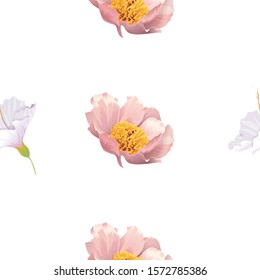 White Hibiscus. Pink Peony. Vector illustration. Seamless background pattern. Floral botanical flower. Wild leaf wildflower isolated. Exotic tropical hawaiian jungle. Fabric wallpaper print texture.