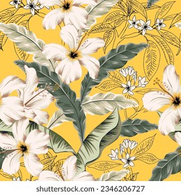 White hibiscus, plumeria flowers, green palm leaves, yellow background. Vector floral seamless pattern. Tropical illustration. Exotic plants. Summer beach design. Paradise nature