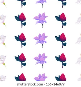 White Hibiscus. Red Vriesea. Purple Magnolia. Vector illustration. Seamless background pattern. Floral botanical flower. Wild leaf wildflower isolated. Exotic tropical hawaiian jungle. Fabric.