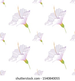 White Hibiscus. Vector illustration. Seamless background pattern. Floral botanical flower. Wild leaf wildflower isolated. Exotic tropical hawaiian jungle. Fabric wallpaper print texture.