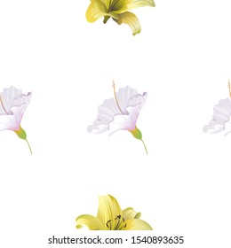 White Hibiscus. Yellow Lilium. Vector illustration. Seamless background pattern. Floral botanical flower. Wild leaf wildflower isolated. Exotic tropical hawaiian jungle. Fabric wallpaper print.