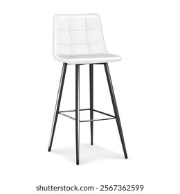 White high bar chair with soft seat cushion and footrest. Realistic 3d vector mockup. Bar stool with back and foot rest. Mock-up