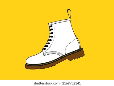 White high boots isolated on yellow background. Vector outline old school england footwear. Retro style shoes. Rubber shoes for rain