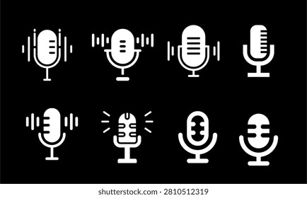 White high contrast studio recording microphone icons with audio waves , Crisp Monochrome , Icon Set Collection on Black Background , Vector Web Icon Modern Professional