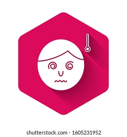 White High human body temperature or get fever icon isolated with long shadow. Disease, cold, flu symptom. Pink hexagon button. Vector Illustration