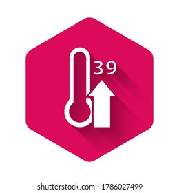 White High human body temperature or get fever icon isolated with long shadow. Disease, cold, flu symptom. Pink hexagon button. Vector.