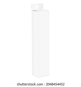 White high vertical packaging box with hang tab. Realistic blank empty box. Side view. Mockup template design. Retail product package. 3d Vector illustration