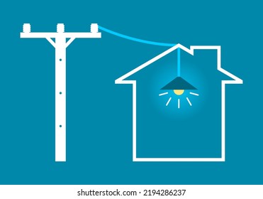 White high voltage power electric pole transmit electricity to city building home with hanging electric lightbulb lamp illuminated light on blue background icon flat vector design.
