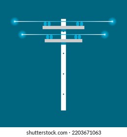 White high voltage power electric pole with glowing light dot on wire blue background flat vector icon design.