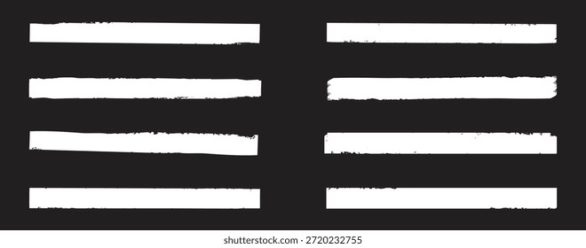  Conjunto de líneas Horizontales en negrita con resaltador blanco. Pincelada de moda para pintura de tinta blanca, fondo grunge, Anuncio de suciedad, diseño de acuarela y textura sucia sobre fondo negro. Ilustración vectorial.