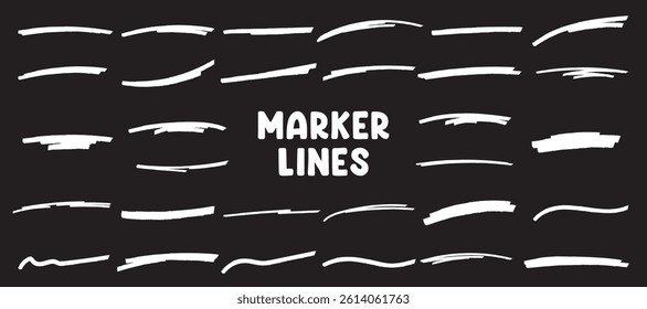 White highlighter marker brush lines vector set collection. Underline lines, scribbles, curved, thick and thin marker pen lines. Realistic pen line vector elements for highlighting and decoration