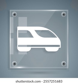 White High-speed train icon isolated on grey background. Railroad travel and railway tourism. Subway or metro streamlined fast train transport. Square glass panels. Vector