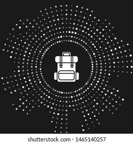 White Hiking backpack icon isolated on grey background. Camping and mountain exploring backpack. Abstract circle random dots. Vector Illustration