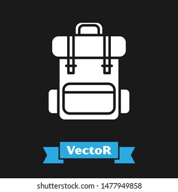 White Hiking backpack icon isolated on black background. Camping and mountain exploring backpack.  Vector Illustration