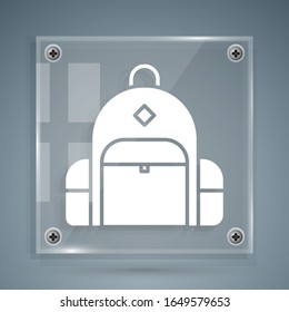 White Hiking backpack icon isolated on grey background. Camping and mountain exploring backpack. Square glass panels. Vector Illustration