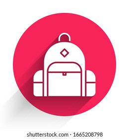 White Hiking backpack icon isolated with long shadow. Camping and mountain exploring backpack. Red circle button. Vector Illustration