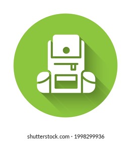 White Hiking backpack icon isolated with long shadow. Camping and mountain exploring backpack. Green circle button. Vector