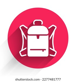 White Hiking backpack icon isolated with long shadow background. Camping and mountain exploring backpack. Red circle button. Vector