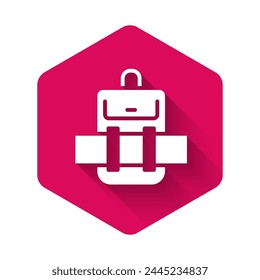 White Hiking backpack icon isolated with long shadow. Camping and mountain exploring backpack. Pink hexagon button. Vector