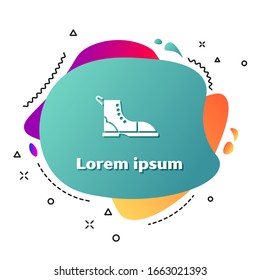 White Hiking boot icon isolated on white background. Abstract banner with liquid shapes. Vector Illustration