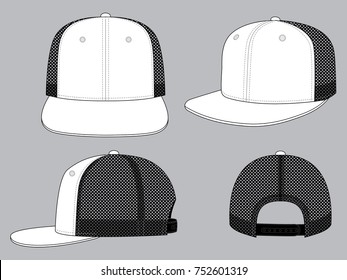 White hip hop cap with mesh black at side and back panels, adjustable snap back closure strap design on gray background, vector file.