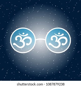 white hippie glasses with white symbol om aum and blue glass on night cosmos dark blue sky stars india mantra hinduism buddhism zen boho vector.