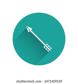 White Hipster arrow icon isolated with long shadow. Green circle button. Vector Illustration