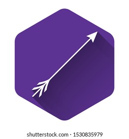 White Hipster arrow icon isolated with long shadow. Purple hexagon button. Vector Illustration