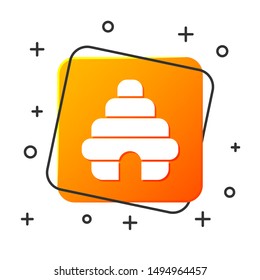 White Hive for bees icon isolated on white background. Beehive symbol. Apiary and beekeeping. Sweet natural food. Orange square button. Vector Illustration