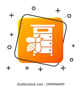 White Hive for bees icon isolated on white background. Beehive symbol. Apiary and beekeeping. Sweet natural food. Orange square button. Vector Illustration