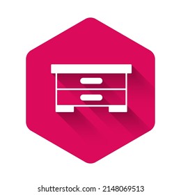 White Hive for bees icon isolated with long shadow background. Beehive symbol. Apiary and beekeeping. Sweet natural food. Pink hexagon button. Vector
