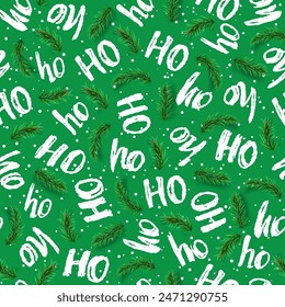 White ho word template on green background for Christmas. Hand drawn word ho ho ho for background, fabric, decor, paper packaging. Vector illustration