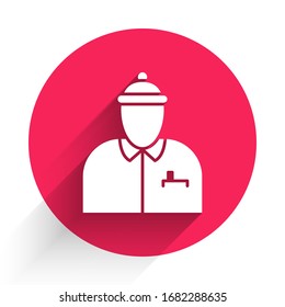 White Hockey coach icon isolated with long shadow. Red circle button. Vector Illustration