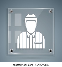 White Hockey judge, referee, arbiter icon isolated on grey background. Square glass panels. Vector Illustration